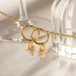 18K Star Charm Fresh Water Pearl Drop Earrings