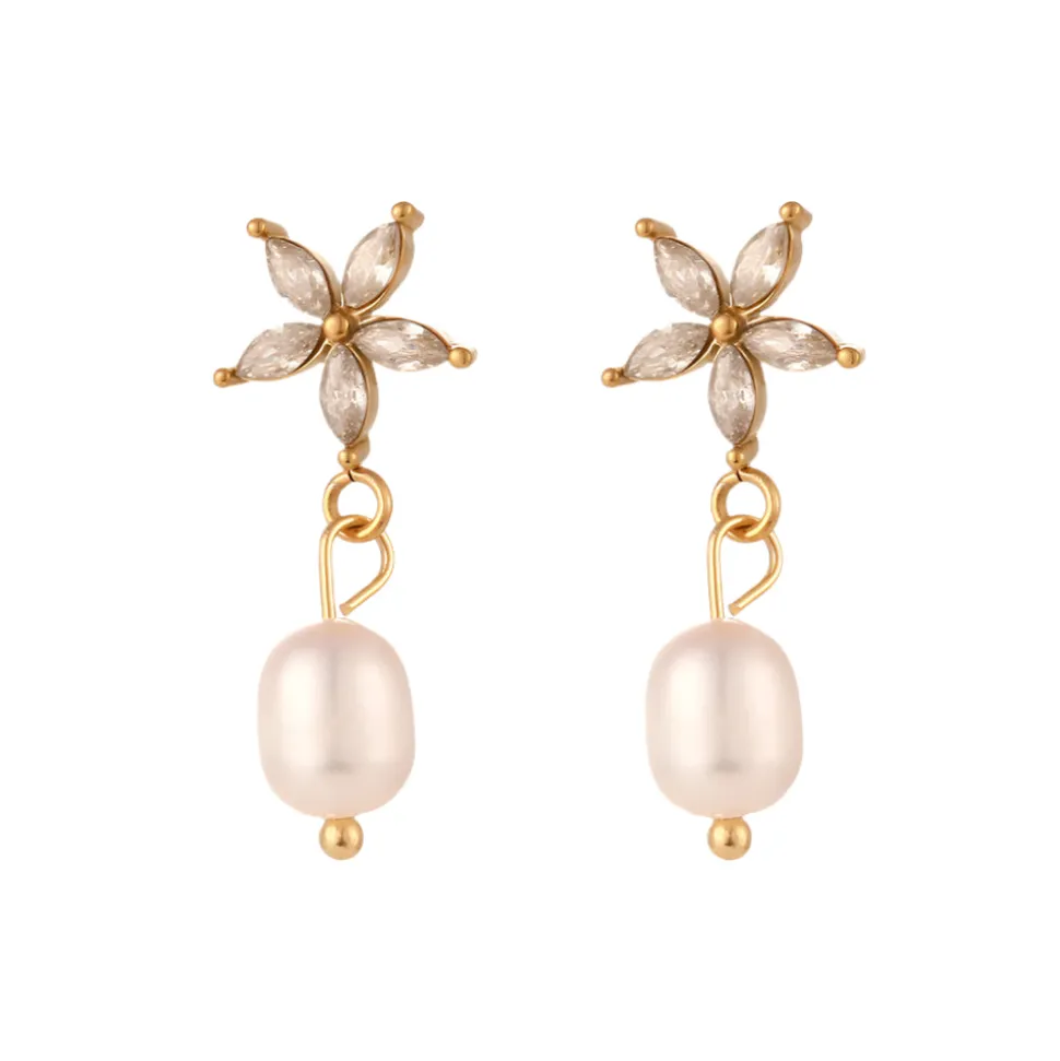 18K Star Freshwater Pearl Drop Earrings