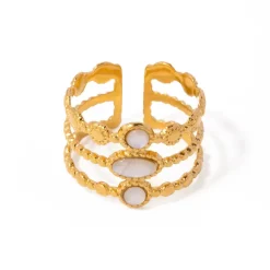 18K Three Layer Cream Moonstone Open Ring