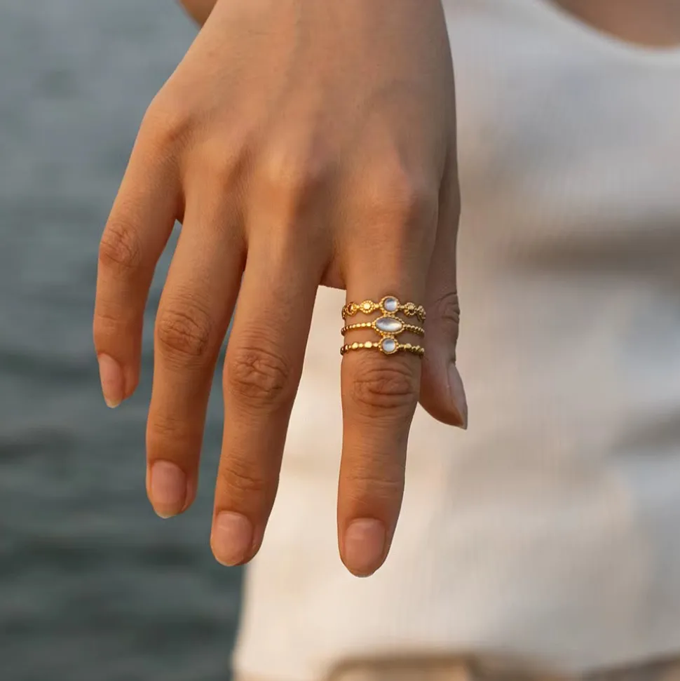 18K Three Layer Cream Moonstone Open Ring