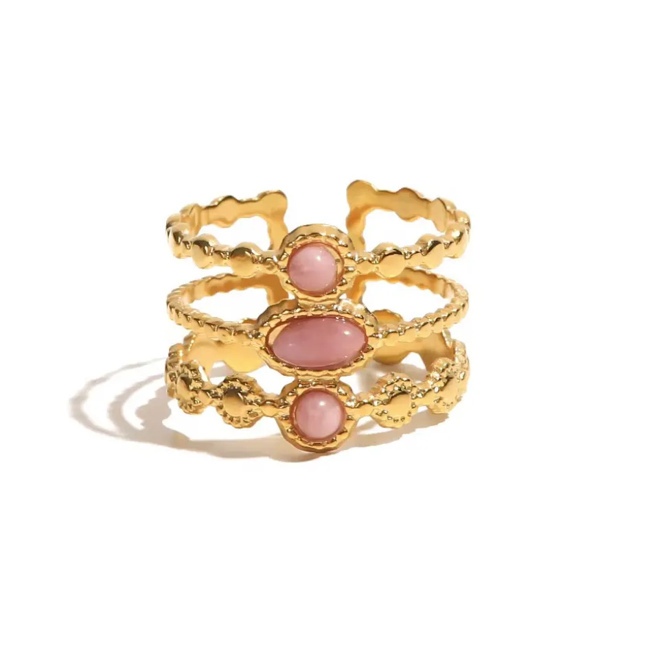 18K Three Layer Pink Stone Open Ring