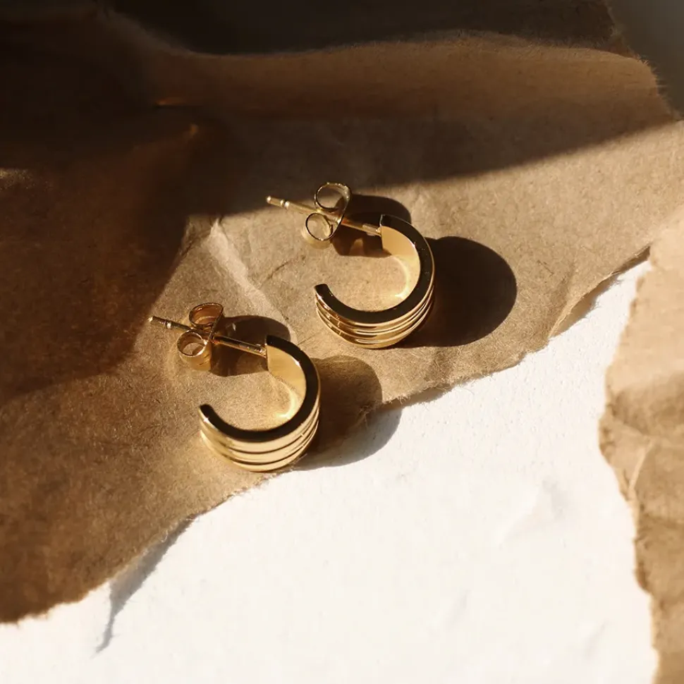 14K Triple Layered C Shaped Stud Earrings