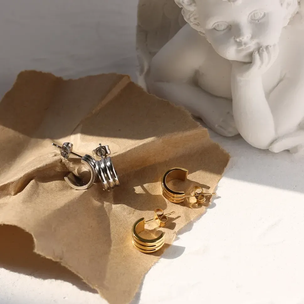 14K Triple Layered C Shaped Stud Earrings