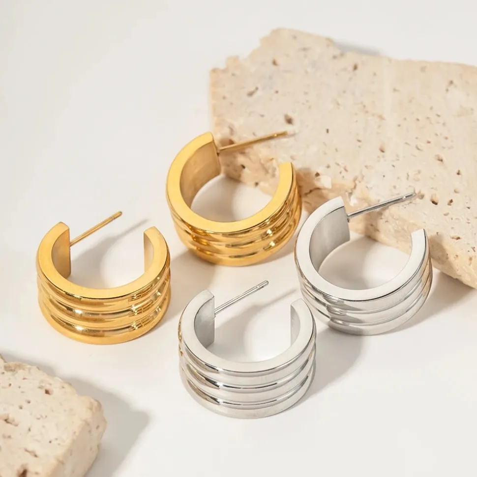 14K Triple Layered C Shaped Stud Earrings