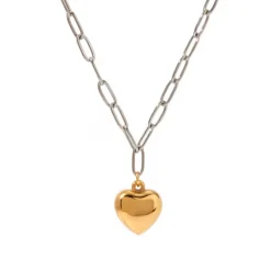 18K Two Tone Heart Charm Paper Clip Necklace