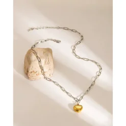 18K Two Tone Heart Charm Paper Clip Necklace