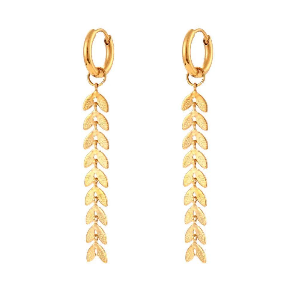 18K Wheat Leaf Chain Dangle Earrings