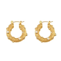 18K Zircon Pearl Texture Hoop Earrings