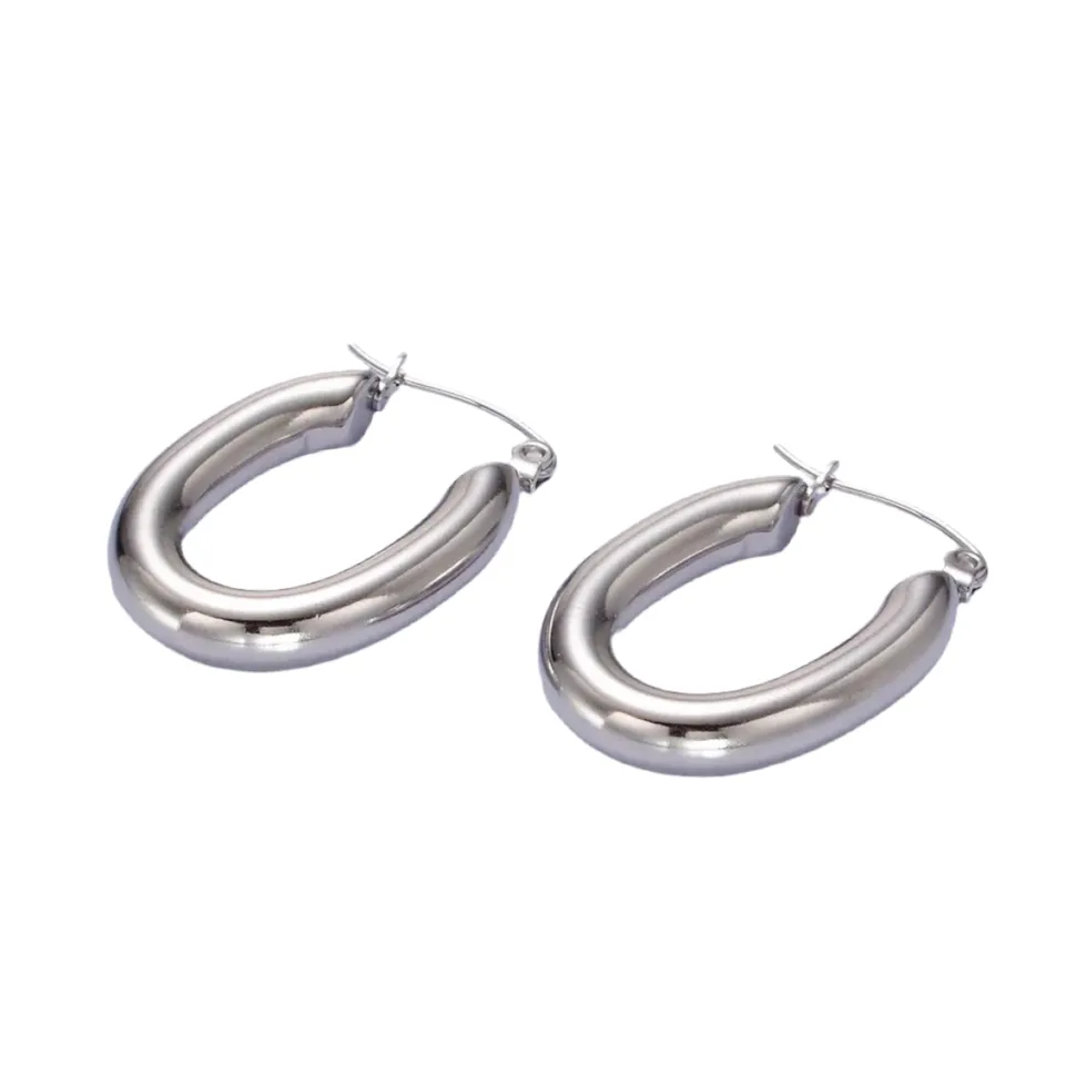 Silver Chunky Oblong Medium Hoops
