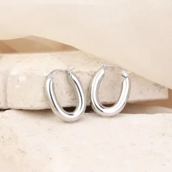 Silver Chunky Oblong Medium Hoops