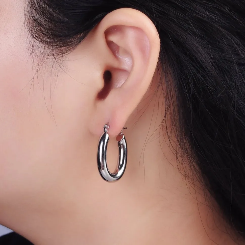 Silver Chunky Oblong Medium Hoops