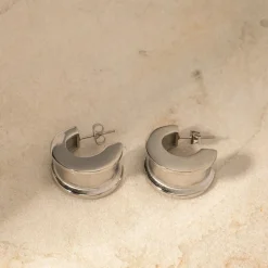 Silver Concave Geometric Wide Medium Hoops
