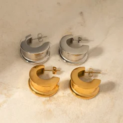 Silver Concave Geometric Wide Medium Hoops