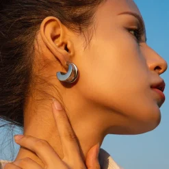 Silver Concave Geometric Wide Medium Hoops