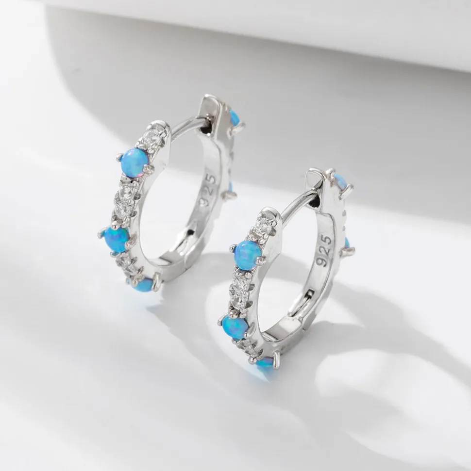 Silver Dainty Blue Opal Huggies