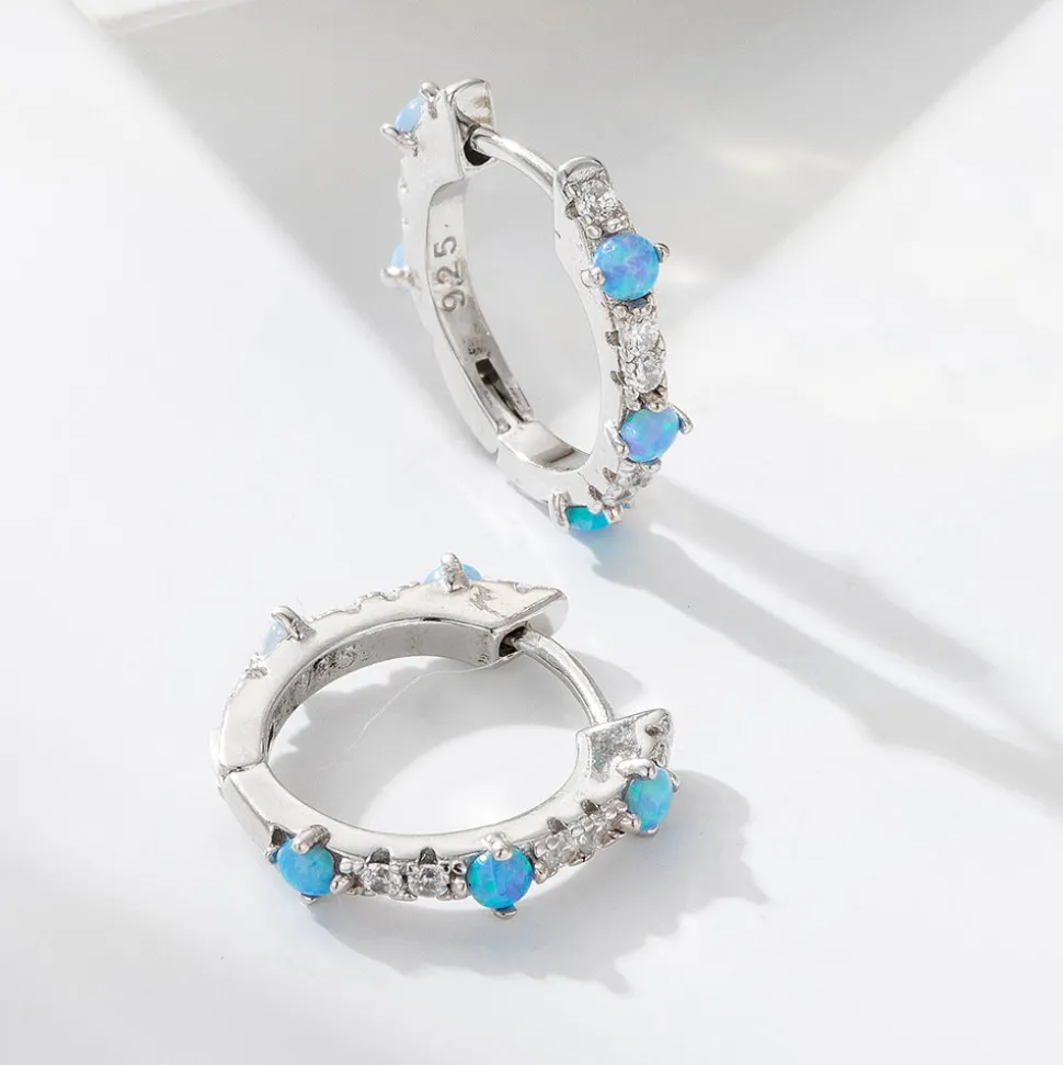 Silver Dainty Blue Opal Huggies