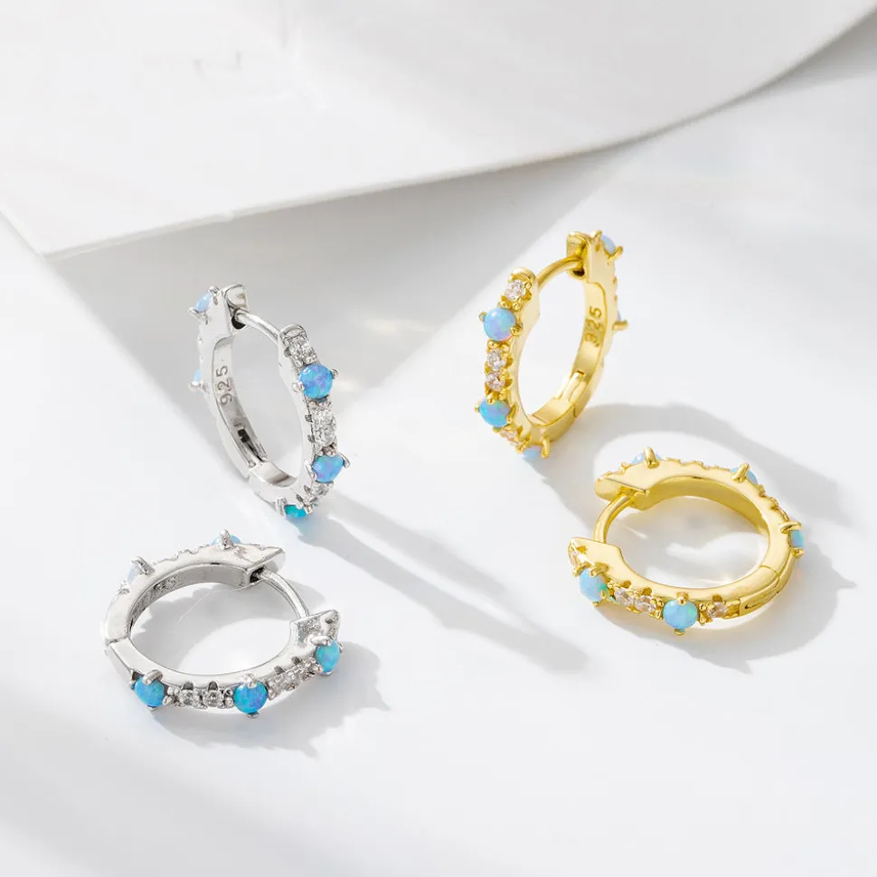 Silver Dainty Blue Opal Huggies
