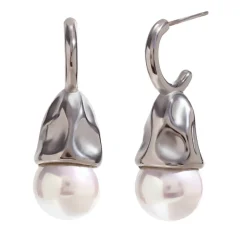 Silver Hammered Drop Pearl Earrings