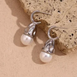 Silver Hammered Drop Pearl Earrings