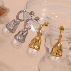 Silver Hammered Drop Pearl Earrings