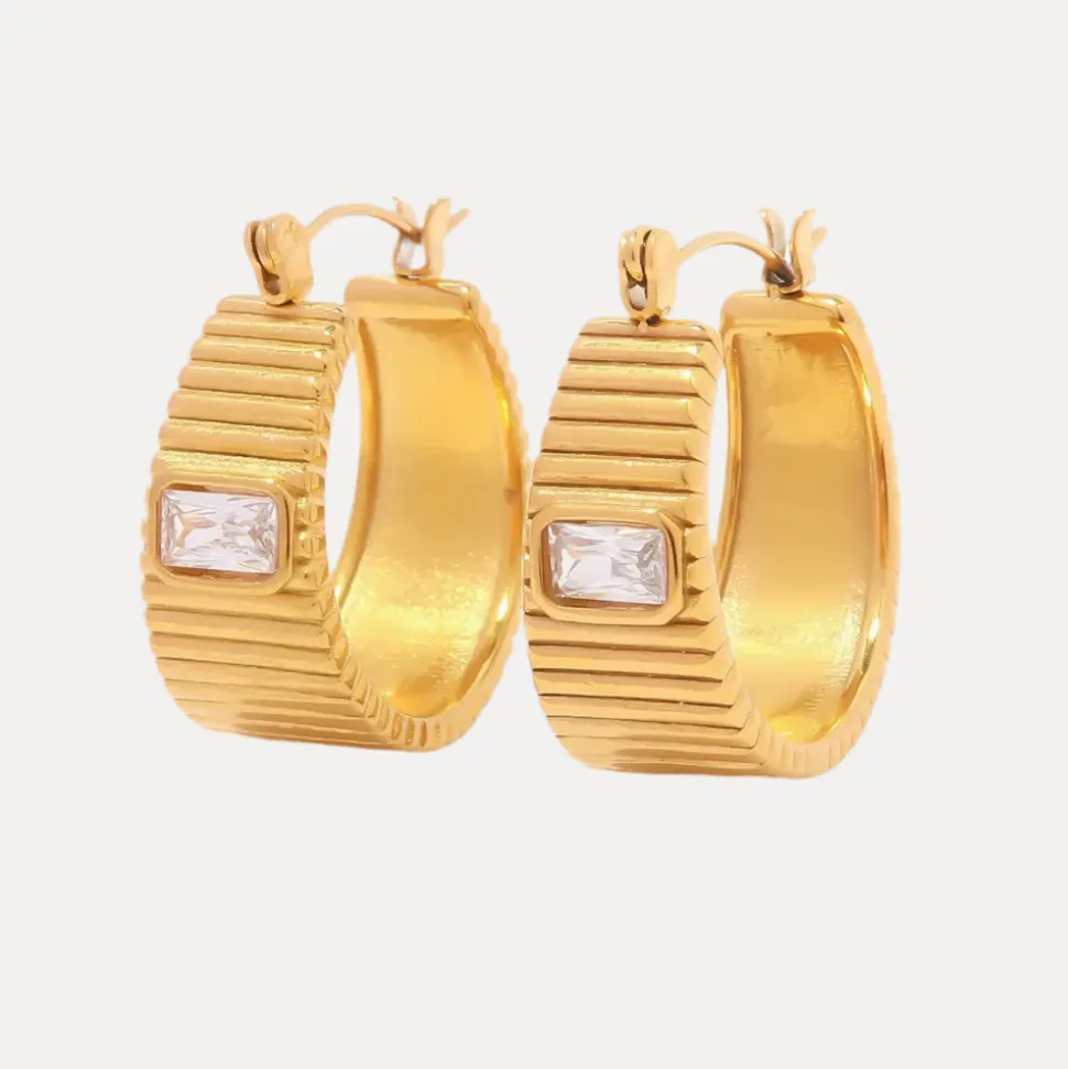 Striped Medium Hoops in 18K Gold-Plating with Cubic Zirconia