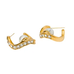 Wavy Pearl Hoops in 18K Gold-Plating with Cubic Zirconia
